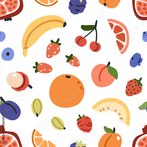 Fruit and berry, seamless pattern. Natural summer food, endless background, t...
