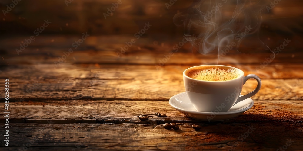 Steaming Cup of Cozy Coffee on a Rustic Wooden Table with Warm Tones Steaming Cup of Cozy Coffee on a Rustic Wooden Table with Warm Tones