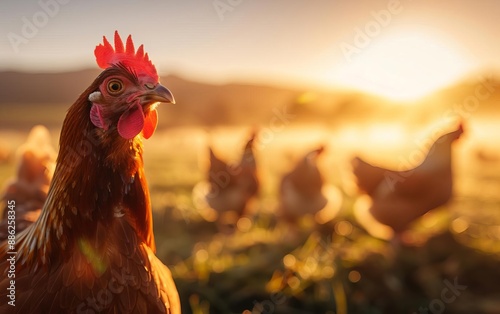 A serene morning at an egg farm with hens just waking up, mist in the air, and the sun rising in the background, field of dept deep odject, all cover focus text, for spacecopy photo