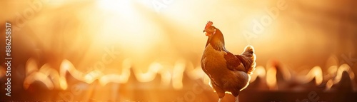 Golden sunlight filtering through the mist, illuminating rows of hens in a large, open barn, field of dept deep odject, all cover focus text, for spacecopy photo