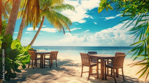 Tropical beach setting with wooden tables and chairs on sand, framed by palm trees and vegetation, with a clear blue ocean and a partly cloudy sky in the background.