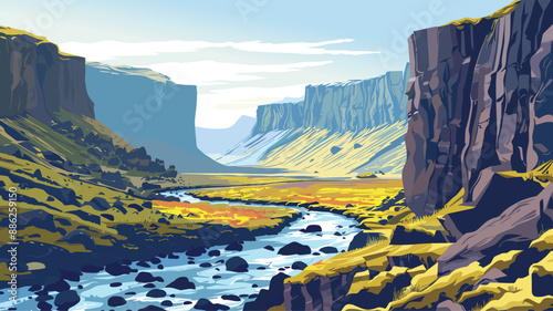 Beautiful panoramic view of canyons and river, vector illustration.