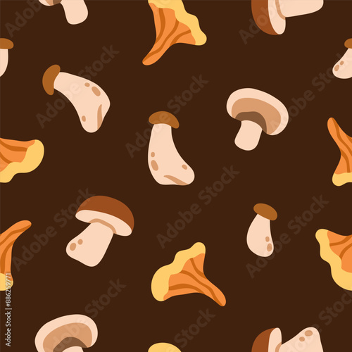 Mushroom, seamless pattern. Endless design with forest fungus, chanterelle, b...