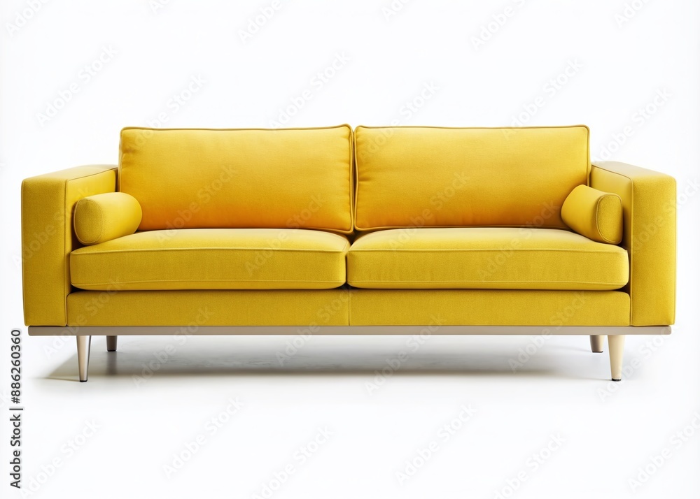 Fototapeta premium Bright yellow modern sofa with sleek lines and low profile legs isolated on a transparent background, perfect for interior design and furniture retail concepts.