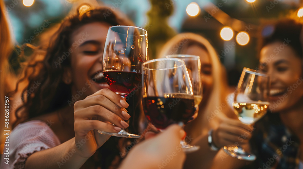 friends drinking wine and toasting at a open party outside. friends drinking wine and toasting at a open party outside.