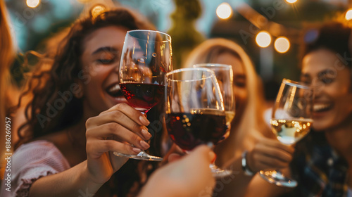 friends drinking wine and toasting at a open party outside. 