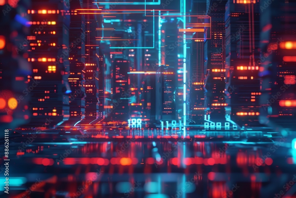 A city of neon lights and towering buildings in a futuristic setting, Create a futuristic visualization of secure data transmission