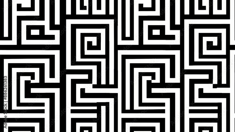 Seamless black and white geometric labyrinth pattern. Modern abstract maze design suitable for wallpaper, background, and textile.