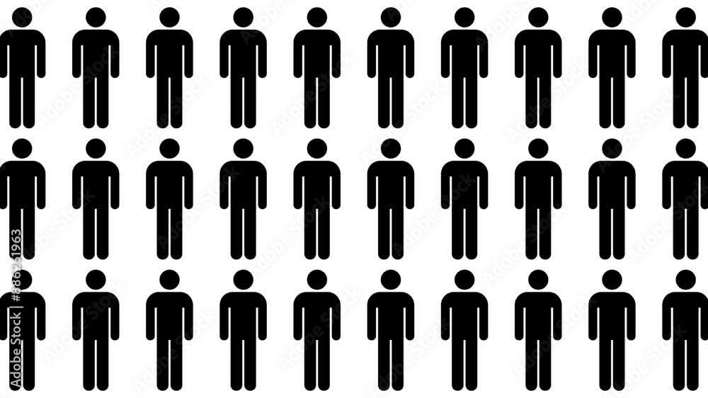 Large-sized Human (Man) icons appear with a bouncing animation, in a lively, eye-catching style. White, Black and Green Screen Background. Infographic Pictogram concept