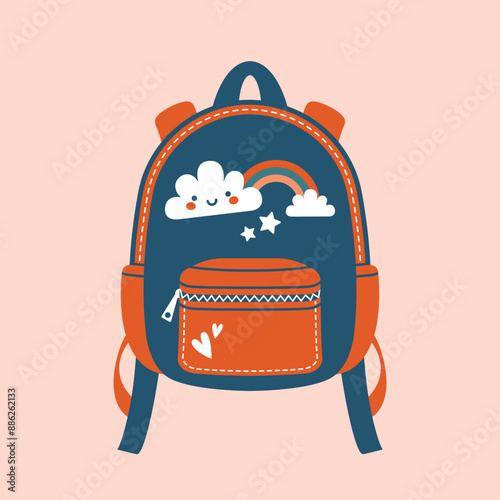 Cute school backpack, bag with kawaii pins, clouds, rainbow, stars. Back to school. Lovely vector clipart for card, banner template, poster, label, sticker to the Day of Knowledge. Primary school.