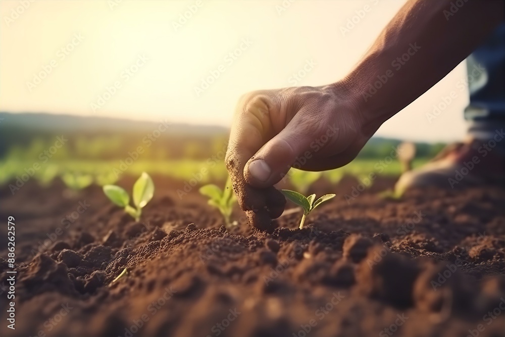 Agriculture Banner Featuring Farmer's Hand Planting Seeds, agriculture, farming, farmer, planting, seeds, hands, soil, growth, cultivation
