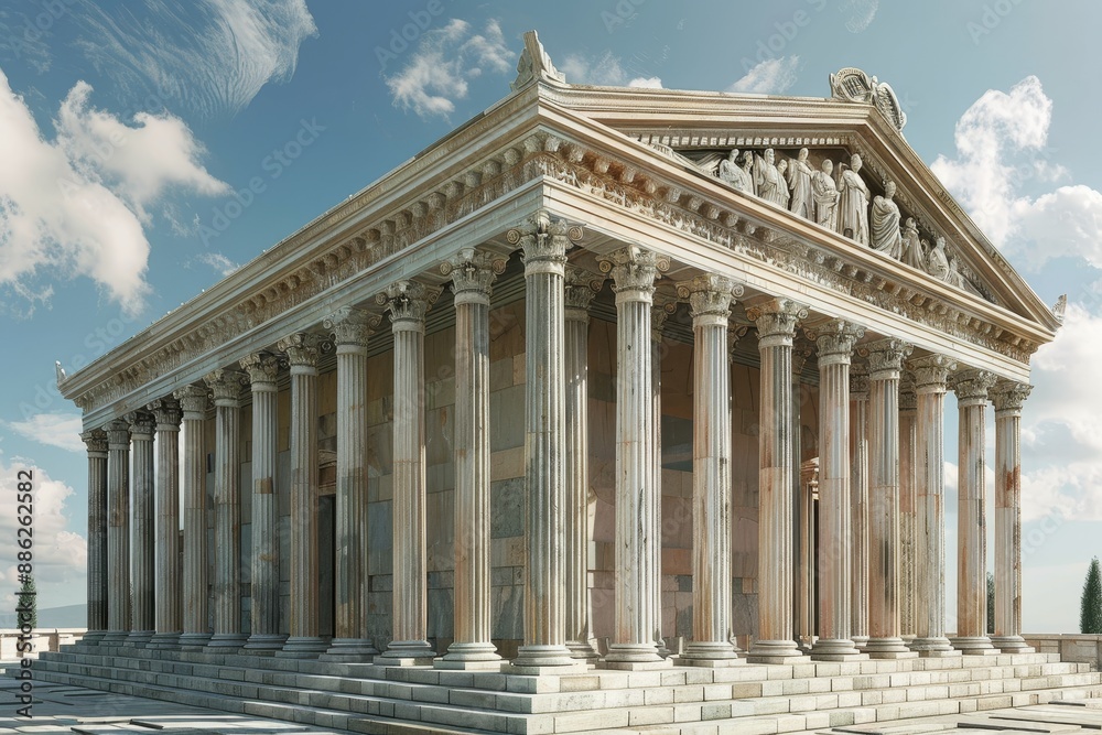 Obraz premium A very large building with numerous columns and pillars, showcasing grandeur and architectural mastery, Create a grandiose neoclassical building with ornate columns and symmetrical design