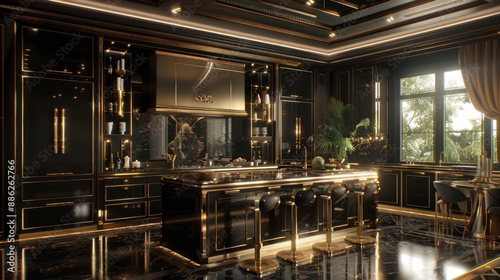 Indulge in a kitchen with rich, dark cabinetry and gold accents, exuding elegance and sophistication Indulge in a kitchen with rich, dark cabinetry and gold accents, exuding elegance and sophistication