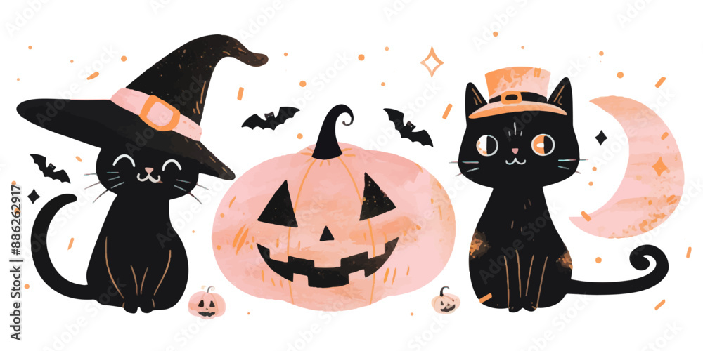 Cute pink pumpkins, black cats and witches hats on a white background Cute pink pumpkins, black cats and witches hats on a white background