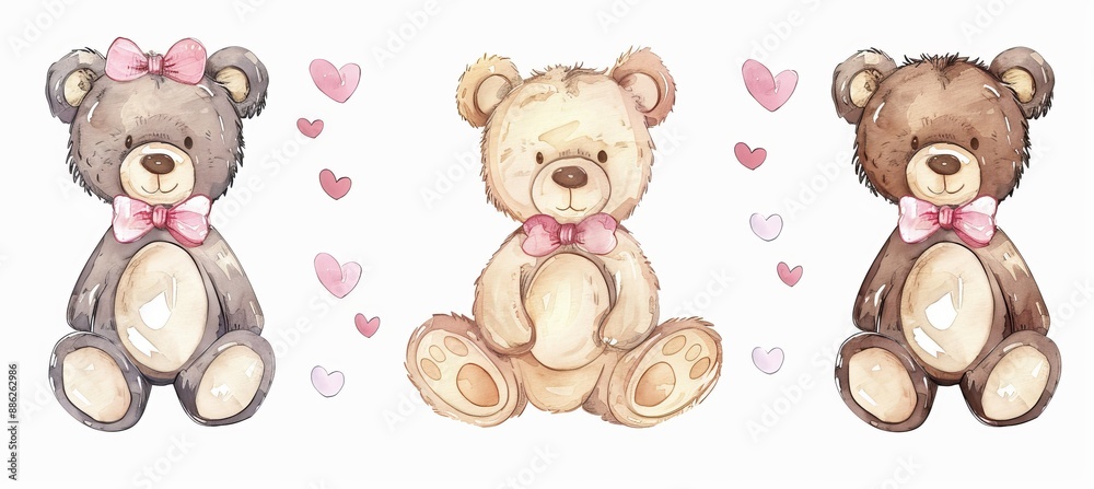 A set of cute watercolor teddy bear clipart with a transparent background A set of cute watercolor teddy bear clipart with a transparent background