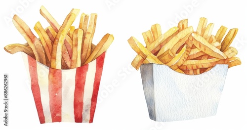 Watercolor illustration of French fry on a transparent background, clipart of fast food photo