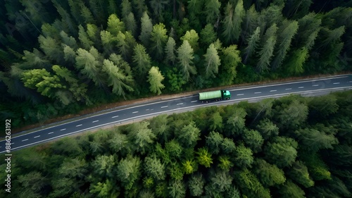 This captivating aerial image depicts a single green lorry navigating a serpentine road through an expansive, verdant forest. road winds out of sight, representing continuous pursuit of sustainability