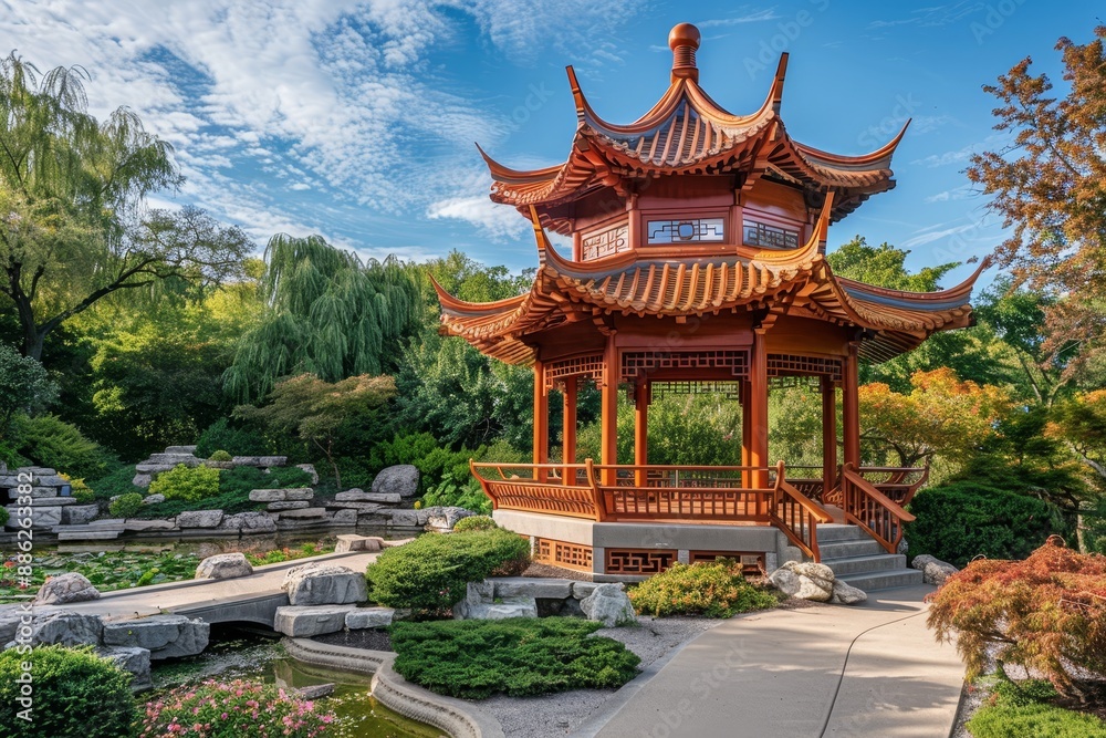 A pagoda stands tall amidst a well-manicured garden with lush greenery, Create a modern interpretation of the classic pagoda design A pagoda stands tall amidst a well-manicured garden with lush greenery, Create a modern interpretation of the classic pagoda design