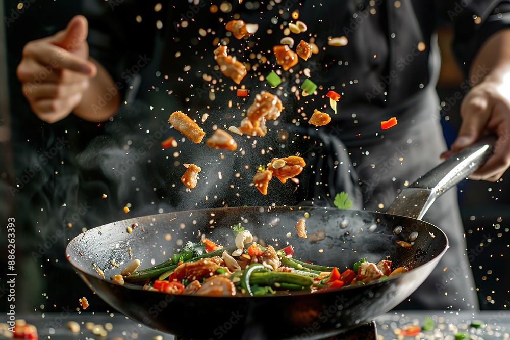 A chef is cooking food in a wok, with a lot of vegetables and meat A chef is cooking food in a wok, with a lot of vegetables and meat
