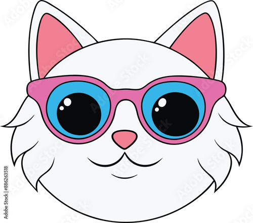 cute cartoon cat face with sunglasses vector illustration isolated on a white background, Little cute cat in sunglasses vector