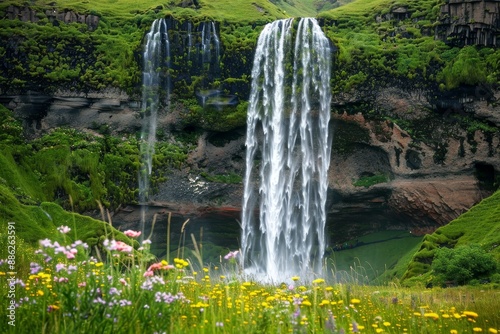 At midnight sun, at Seljalandsfoss, South Iceland, Iceland, Europe, a waterfall and a flower meadow are in view