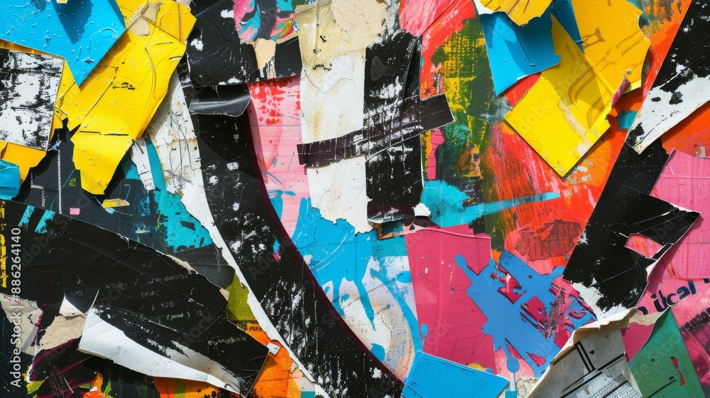Fototapeta premium Abstract Colorful Torn Paper Collage with Mixed Media Layers and Bold Patterns