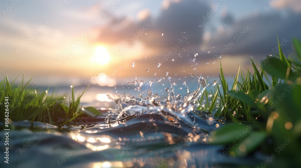 Crystal Clear Water at Sunset, Capturing the Beauty of Nature's Tranquility, A Serene Seascape with Lush Greenery and Sparkling Waves Crystal Clear Water at Sunset, Capturing the Beauty of Nature's Tranquility, A Serene Seascape with Lush Greenery and Sparkling Waves