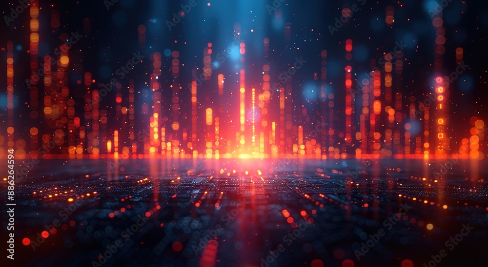 A computer generated image of a cityscape with bright orange lights A computer generated image of a cityscape with bright orange lights