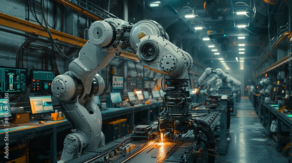 In a workshop, robotic arms are busy working in the workshop. In a workshop, robotic arms are busy working in the workshop.