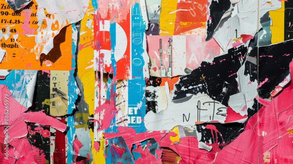 Fototapeta premium Colorful Abstract Urban Street Art Graffiti with Layers of Torn Posters and Paint Strokes