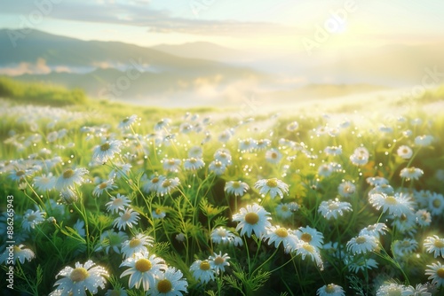 A lush, rolling field covered in vibrant chamomile blossoms, basking in the early morning light. The dew-kissed petals glisten as the sun rises, casting soft flares.