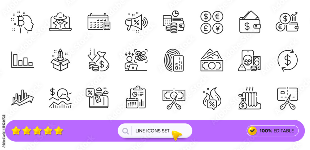 Radiator, Wallet and Bankrupt line icons for web app. Pack of Deflation, Travel loan, Bitcoin think pictogram icons. Phishing, Card, Fraud signs. Report, Startup, Usd exchange. Search bar. Vector Radiator, Wallet and Bankrupt line icons for web app. Pack of Deflation, Travel loan, Bitcoin think pictogram icons. Phishing, Card, Fraud signs. Report, Startup, Usd exchange. Search bar. Vector