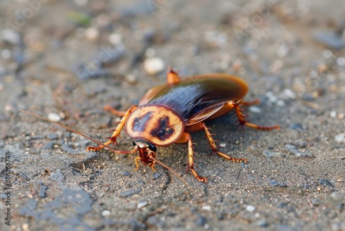 Large american cockroach is crawling on a gray, textured surface