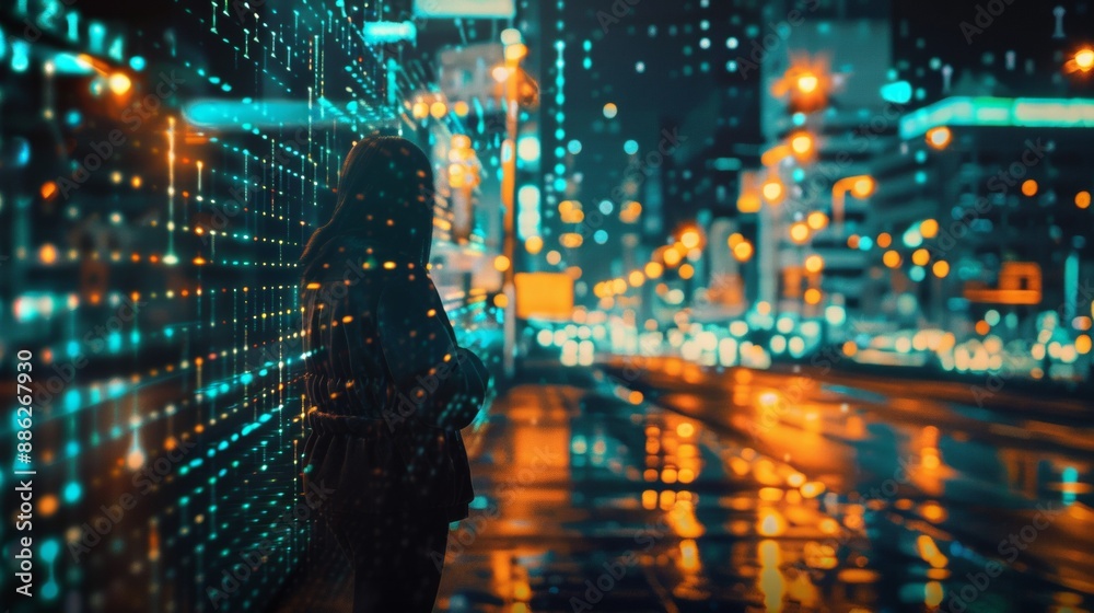 Silhouette of a woman with an overlay of digital code and bokeh lights, symbolizing integration of technology in daily life Silhouette of a woman with an overlay of digital code and bokeh lights, symbolizing integration of technology in daily life