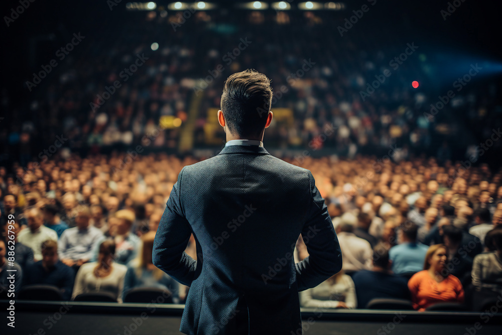 Generative AI illustration motivational speaker with microphone in hand in front of audience at conference room Generative AI illustration motivational speaker with microphone in hand in front of audience at conference room