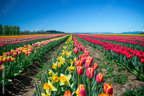 Wallpaper Mural A sprawling field adorned with rows of tulips and daffodils stretching into the horizon, under a clear blue sky.  Torontodigital.ca
