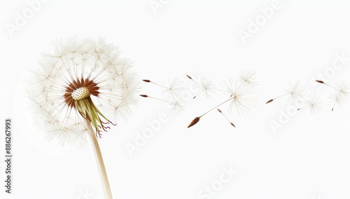 A single dandelion with seeds blowing away isolated on white, for wishes and dreams themes in pastel watercolors photo