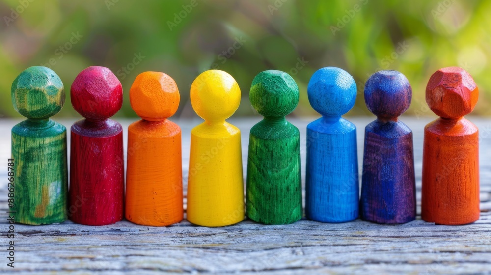 Vibrant wooden figures standing in a row, representing diversity, unity, equality and acceptance. No discrimination. Vibrant wooden figures standing in a row, representing diversity, unity, equality and acceptance. No discrimination.