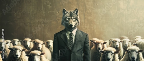 The wolf in a suit giving a speech at a corporate event, with sheep listening intently, highlighting hidden motives