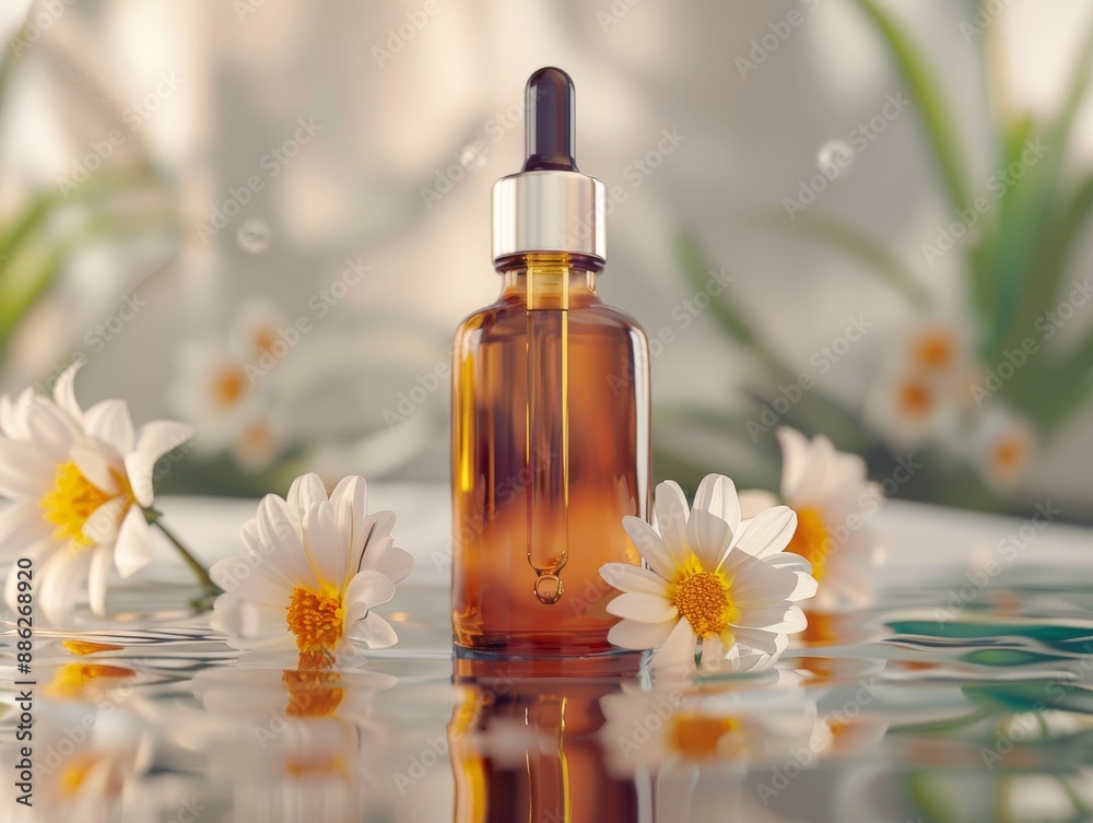Cosmetic, skin care or essential oil bottle with dropper mockup. A glass bottle with aromatic oil or serum, flowers nearby. Cosmetic, skin care or essential oil bottle with dropper mockup. A glass bottle with aromatic oil or serum, flowers nearby.