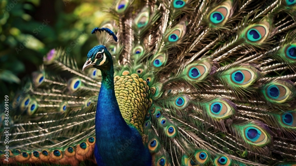 Obraz premium A vibrant peacock displaying its feathers in a botanical garden
