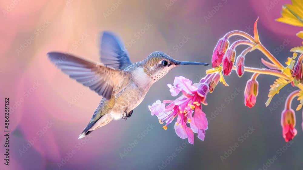 Fototapeta premium A close-up of a hummingbird feeding from a pink flower, with warm morning light enhancing the colors and details of its feathers