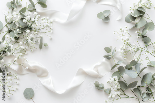 Flat lay composition with white gypsophila flowers, eucalyptus leaves and satin ribbon on a white background. Mockup for a design in the flat lay style.