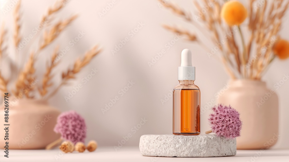Serum bottle on pedestal with flowers and soft pink background. Serum bottle on pedestal with flowers and soft pink background.