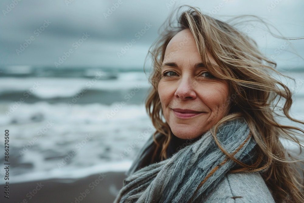 AI generated portrait of a happy smiling person walking alone on a beach on cloudy stormy day AI generated portrait of a happy smiling person walking alone on a beach on cloudy stormy day