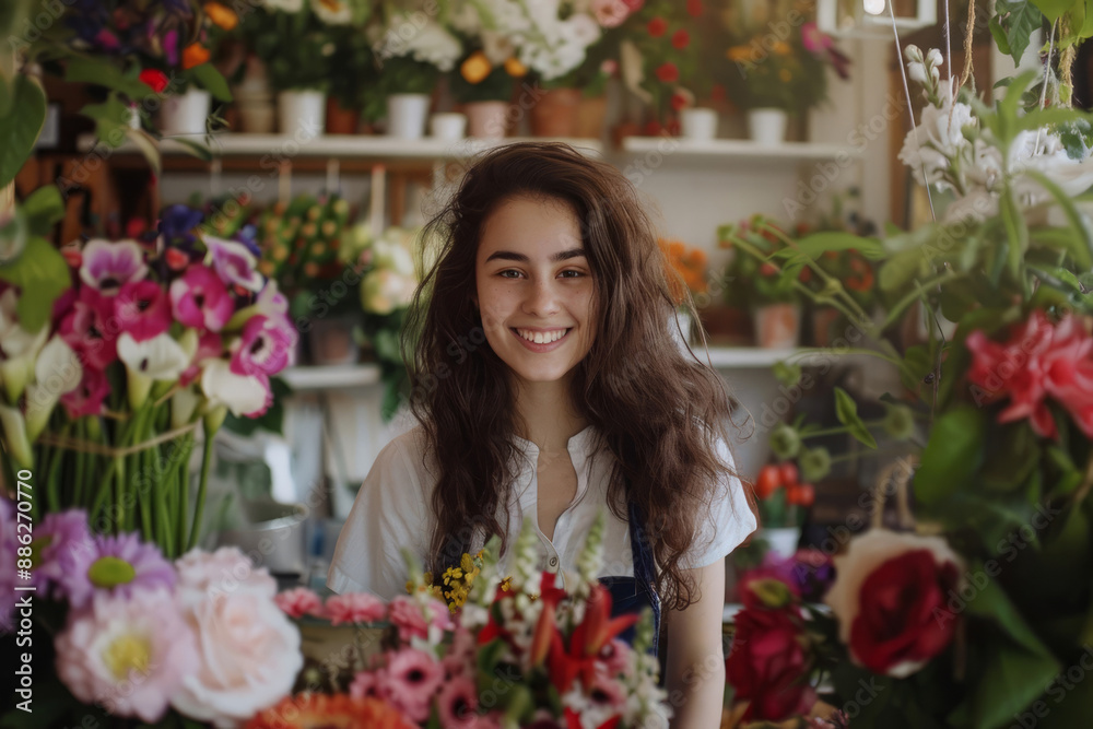 A young female florist with long dark hair stands and smiles at her workplace in the middle of flowers. A young female florist with long dark hair stands and smiles at her workplace in the middle of flowers.