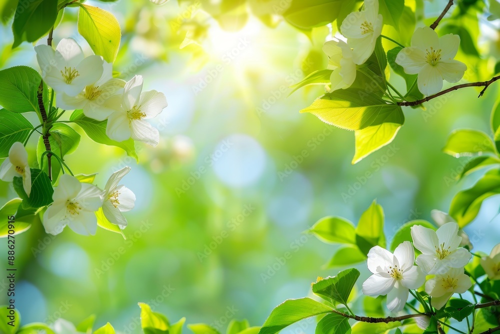 Naklejka premium White Flowers Blooming on a Branch with Green Leaves and Bright Sun in the Background