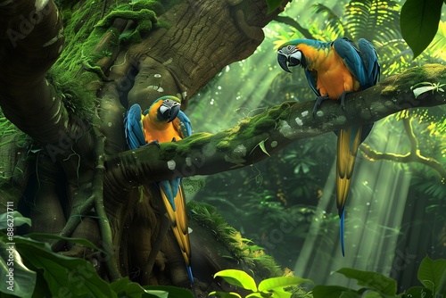 Two Blue & Gold Macaw resting on the branch of a majestic ancient tree in a dense jungle, with lush green foliage all around. 