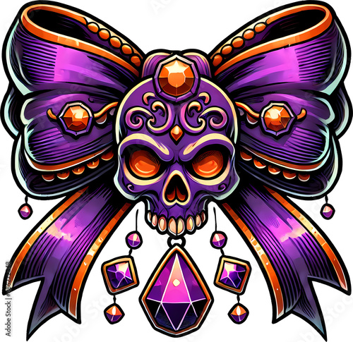 Ornate purple bow with a detailed sugar skull centerpiece, adorned with gemstones and dangling jewels. Perfect for Day of the Dead themes, gothic designs, or bold statement art photo