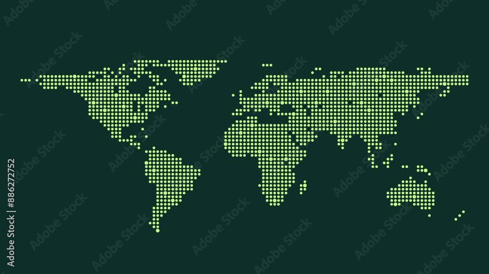 Unique 3D world map created with dots forming a grid pattern. Shades of green provide depth and black background enhances dot visibility Unique 3D world map created with dots forming a grid pattern. Shades of green provide depth and black background enhances dot visibility